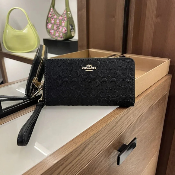 COACH BOXED LONG ZIP AROUND WALLET IN SIGNATURE LEATHER CF464 BLACK - Picture 2 of 11